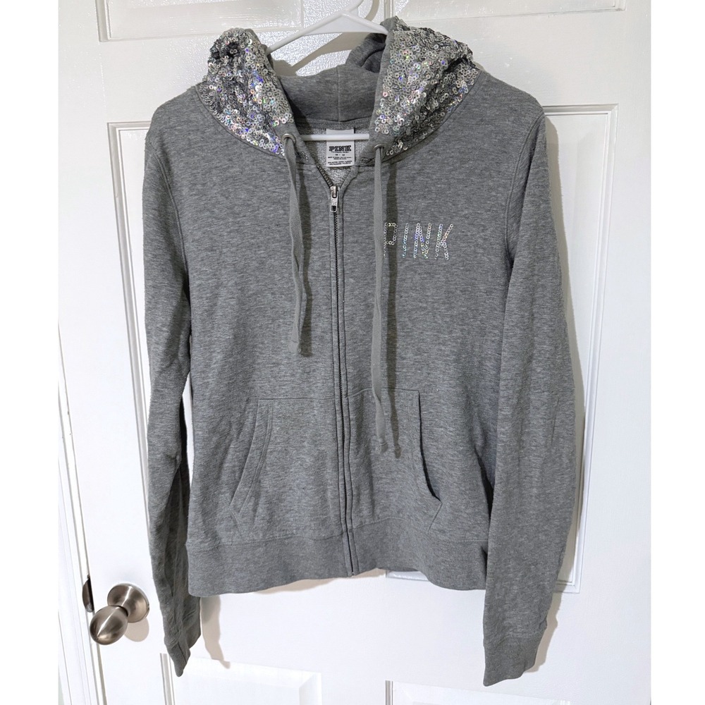 Vintage Victoria's Secret PINK Gray Sequin Hood Zip Up Hoodie Sweatshirt Medium